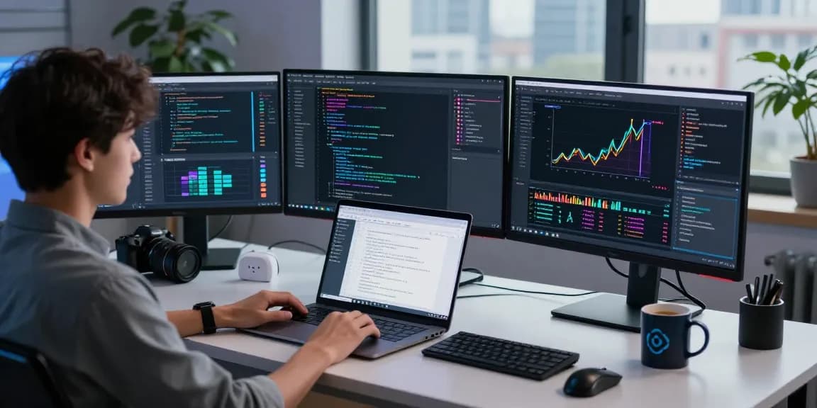 Workspace showcasing machine learning tools with multiple monitors displaying data science applications and visualizations.
