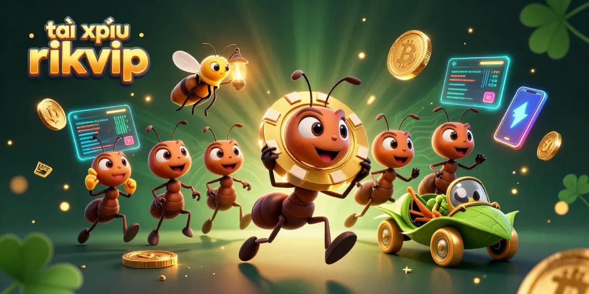 Engaging illustration of tài xỉu rikvip with animated ants carrying a giant poker chip in a vibrant casino theme.