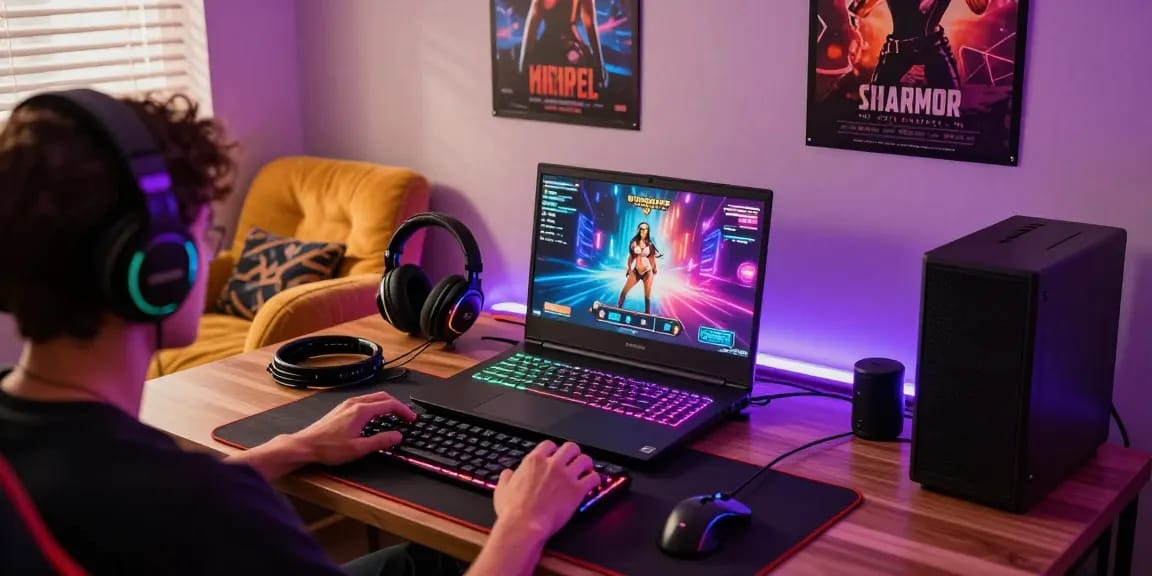 Play exciting real porn games in a vibrant cozy gaming setup with immersive visuals and gaming accessories.