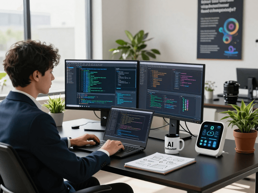 Dynamic workspace showcasing spicy AI technologies with advanced coding displays and collaborative elements