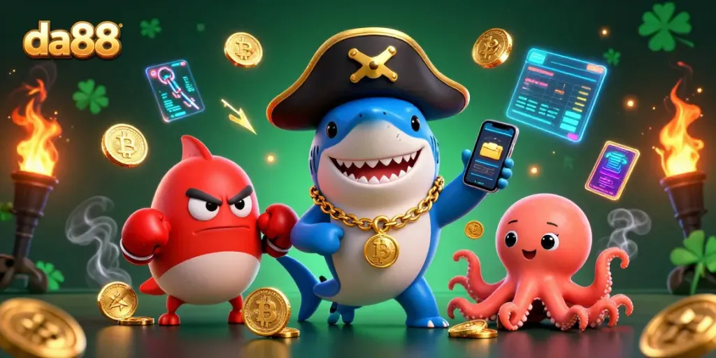 Engage in thrilling casino fun with da88, featuring a pirate shark, boxing pufferfish, and octopus with gold coins.