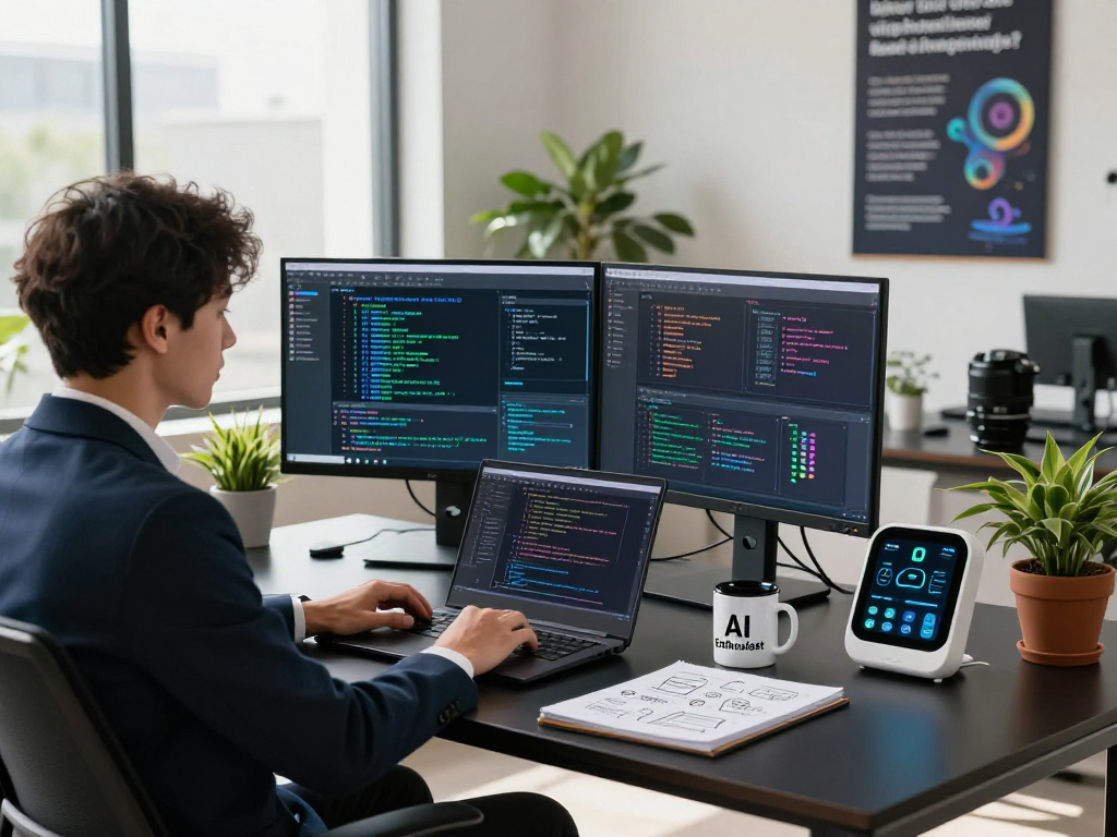 Dynamic workspace showcasing spicy AI technologies with advanced coding displays and collaborative elements
