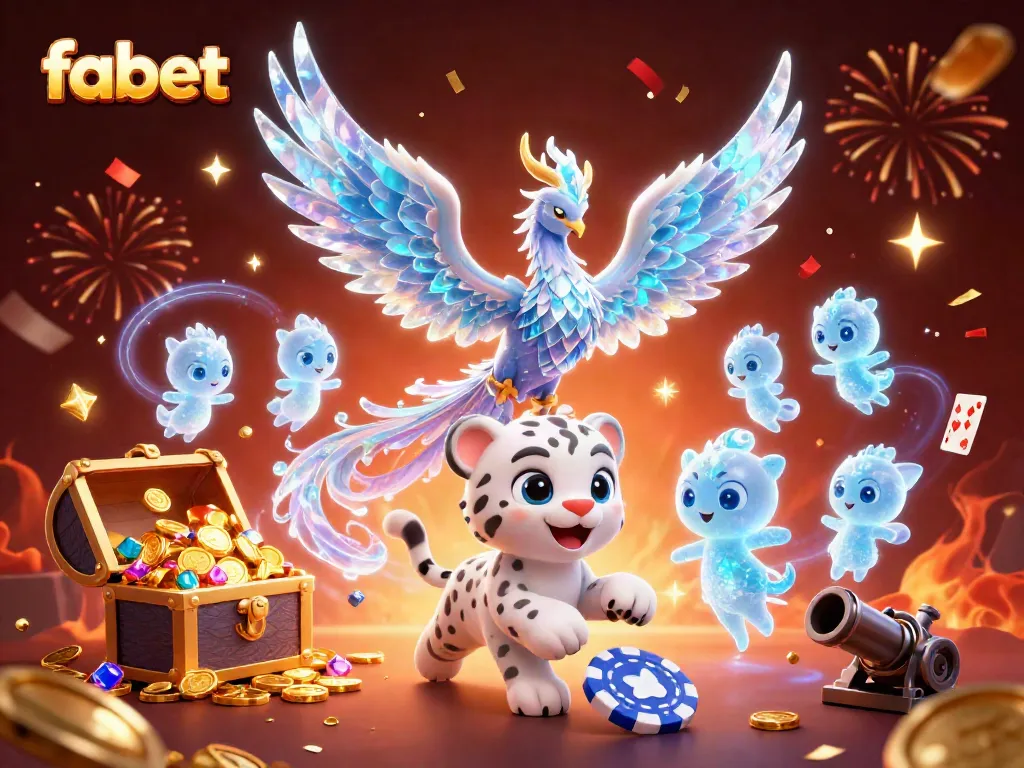 Experience the vibrant energy of fabet with an ice phoenix and poker-themed elements in a colorful casino scene.