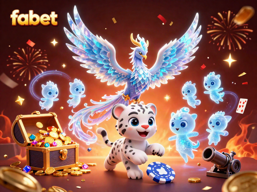 Experience the vibrant energy of fabet with an ice phoenix and poker-themed elements in a colorful casino scene.