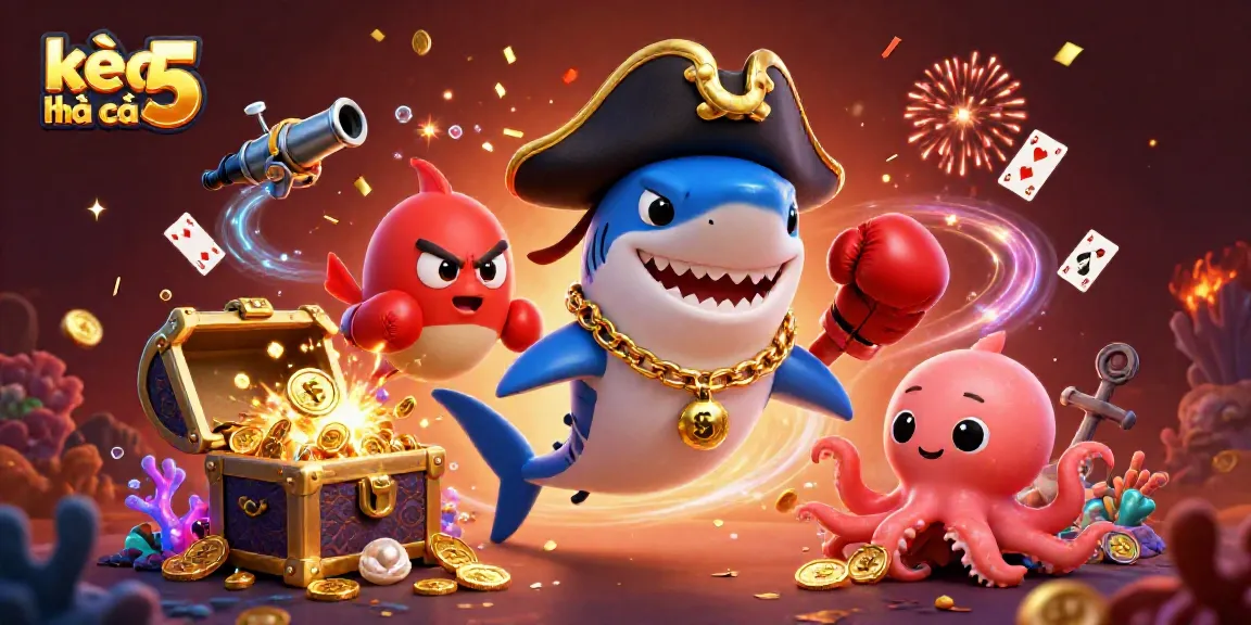 Engage with exciting action from kèo nhà cái 5 featuring a pirate shark, pufferfish, and octopus in a vibrant underwater scene.