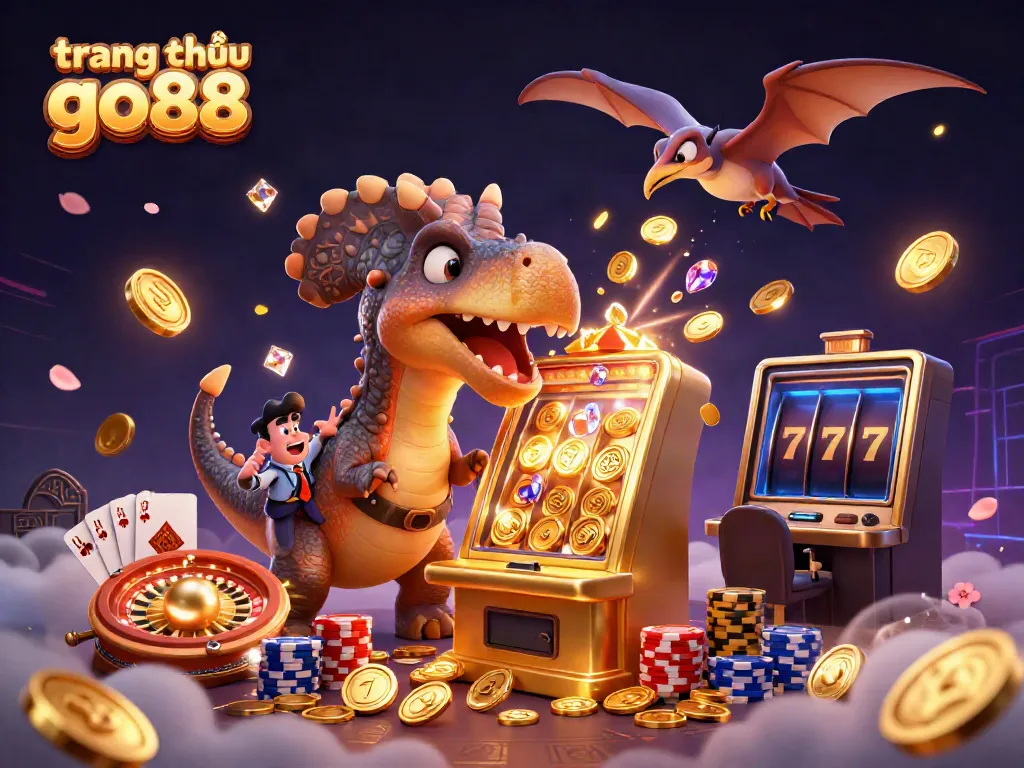 Experience the thrilling action of trang chủ go88 as a pachycephalosaurus hits a slot machine amidst cascading coins.