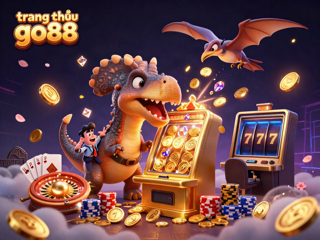 Experience the thrilling action of trang chủ go88 as a pachycephalosaurus hits a slot machine amidst cascading coins.