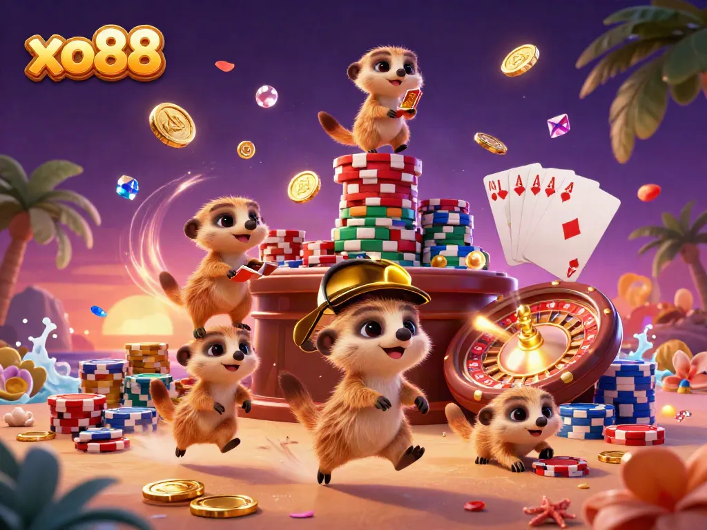 Experience the vibrant energy of xo88 with meerkats running a lively casino, showcasing thrilling games and sparkly rewards.