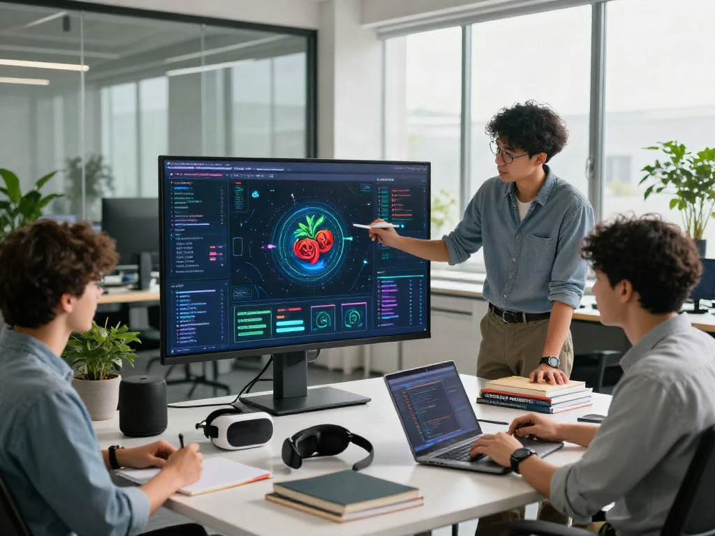 Collaborative workspace featuring developers working on spicy ai projects with vibrant data visualizations.