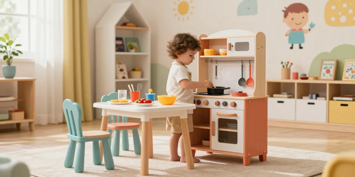 Kids kitchen playset with toddler cooking and vibrant utensils.