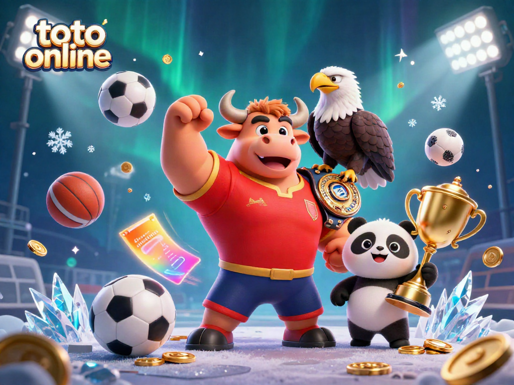Engage with exciting toto online betting featuring a victorious bull, eagle, and panda celebrating wins.