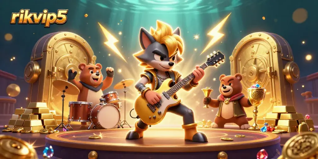 Experience thrilling gaming vibes with rikvip5's dynamic casino illustration featuring a rock star wolf and a drummer bear.