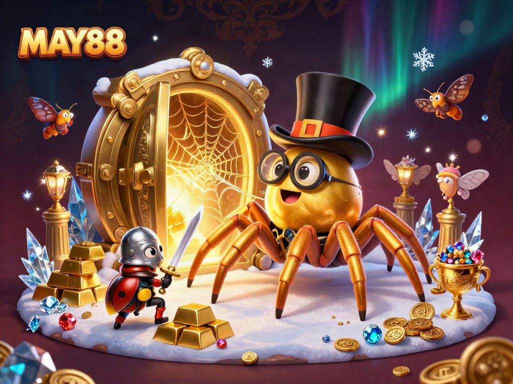 MAY88 features a golden tarantula weaving a web between casino pillars in an enchanting scene.