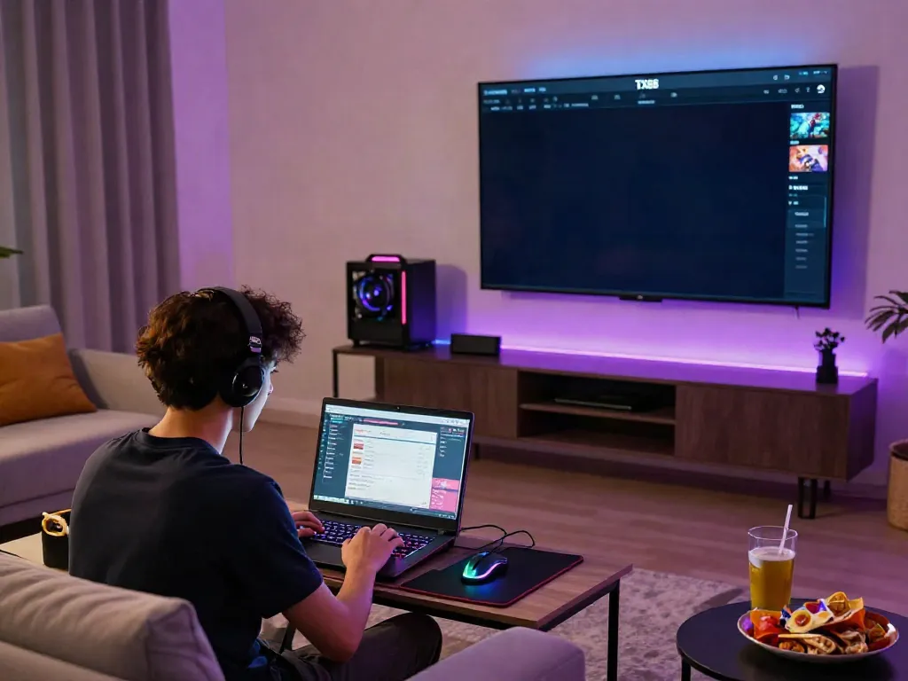 Gamer engaging with TX88 online gaming platform in a modern living room setup.