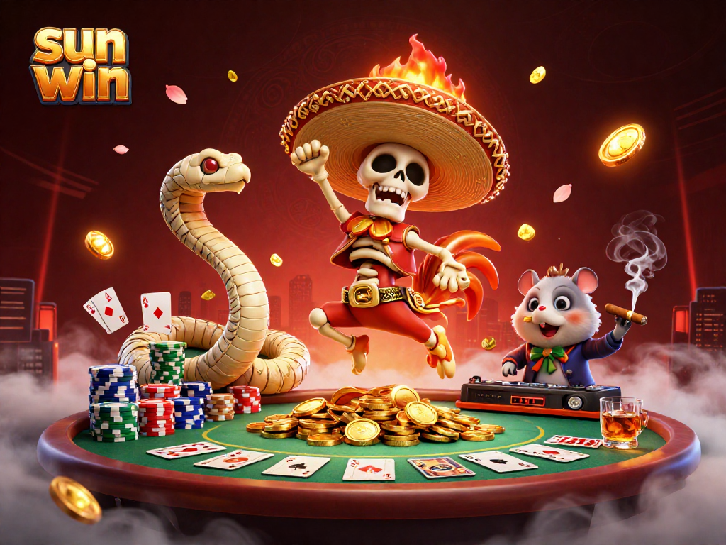 Experience sun win excitement with a winning skeleton mariachi rooster dancing atop coins!