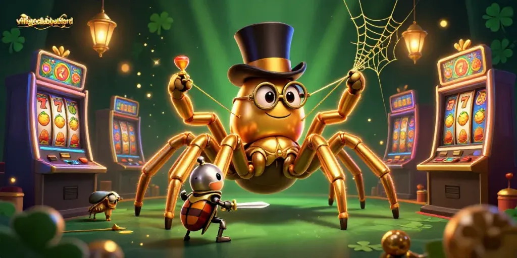Experience thrilling moments at villageclubbathford with a giant golden tarantula and beetle knight in a vibrant casino scene.