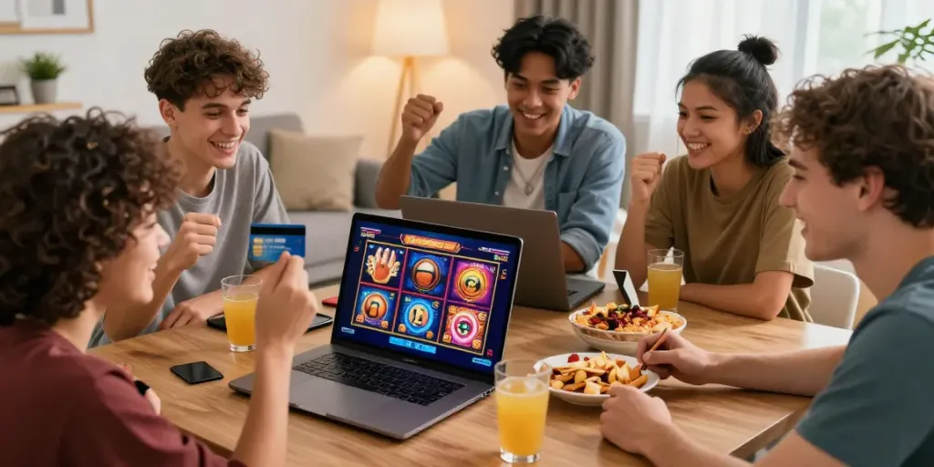 Friends enjoying a gaming night at their home with slots on a laptop at casinos that accept credit cards.