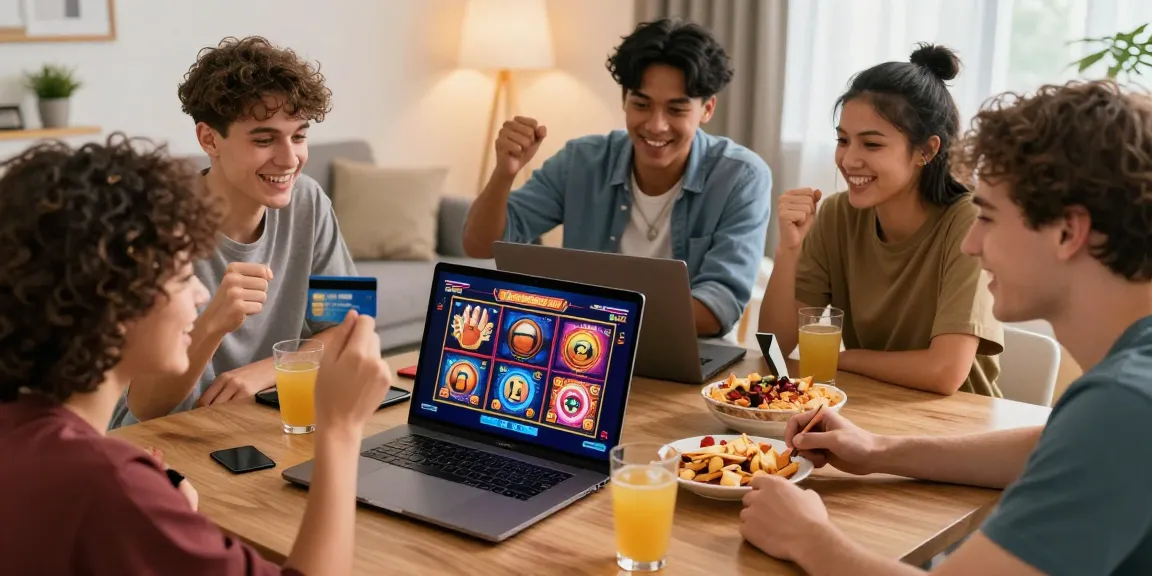 Friends enjoying a gaming night at their home with slots on a laptop at casinos that accept credit cards.