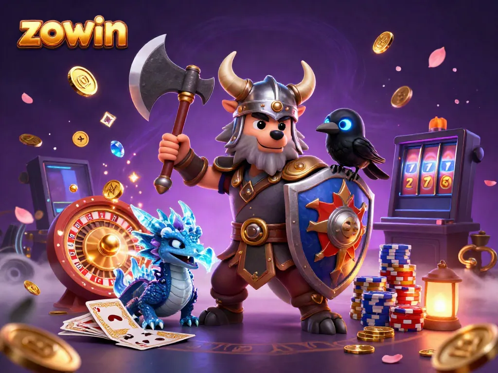 Experience thrilling moments with zowin as animated Viking warrior, dragon, and raven celebrate casino wins.