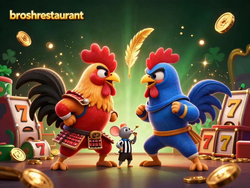 Experience thrilling action with broshrestaurant's fighting roosters in a vibrant casino scene.
