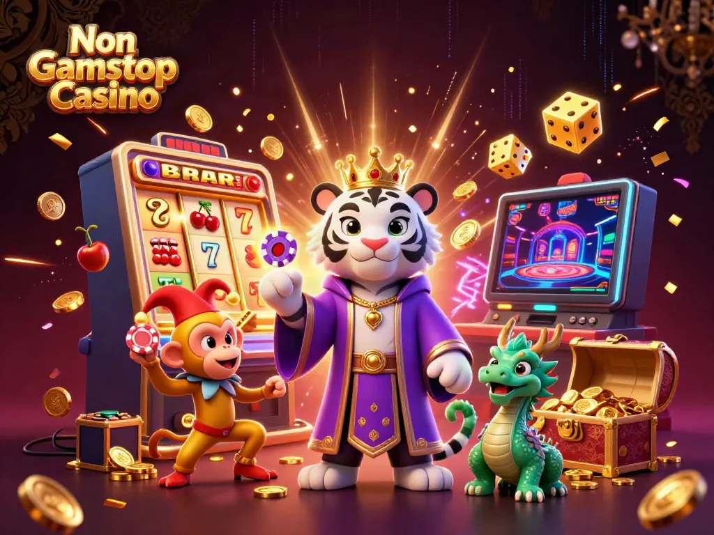 Experience the excitement of Non Gamstop Casino with a vibrant 3D illustration of a regal tiger, lively monkey, and jade dragon amidst casino elements.