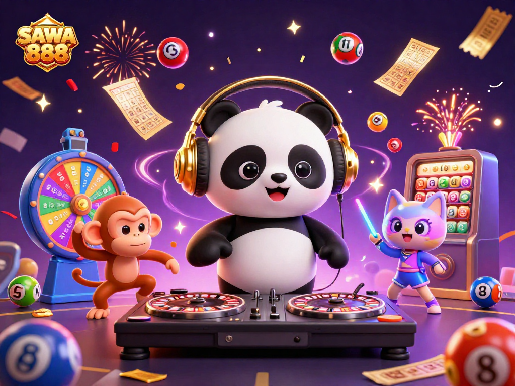 Engage with SAWA 888's thrilling slots as panda DJ spins vibrant slots elements in a festive atmosphere.