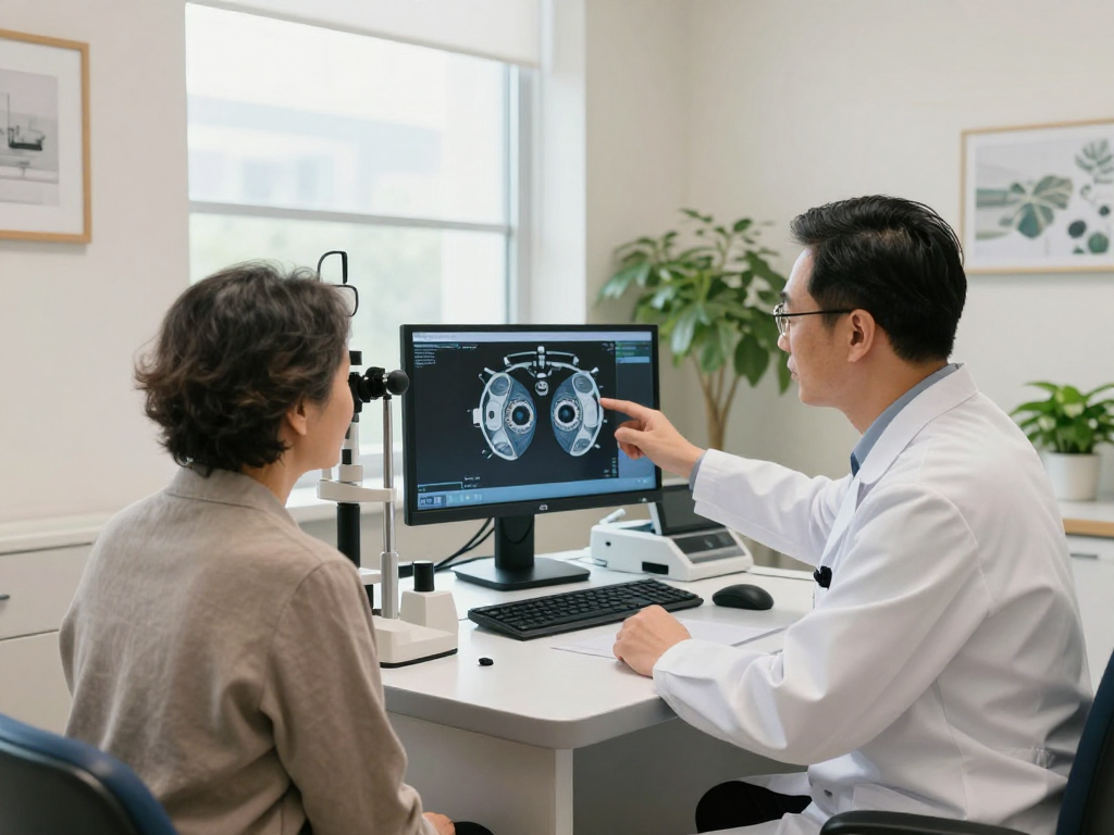 Cleveland Clinic Abu Dhabi cornea clinic examining patient with doctor using digital eye scan in modern facility
