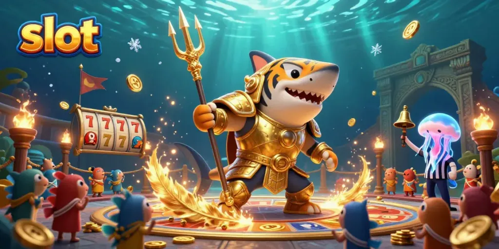 Engage with the dynamic slot gaming scene featuring a tiger shark and colorful characters in an underwater colosseum.
