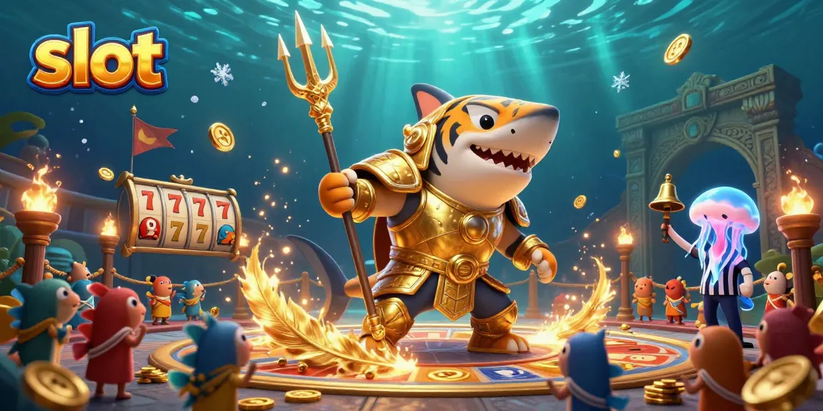 Engage with the dynamic slot gaming scene featuring a tiger shark and colorful characters in an underwater colosseum.