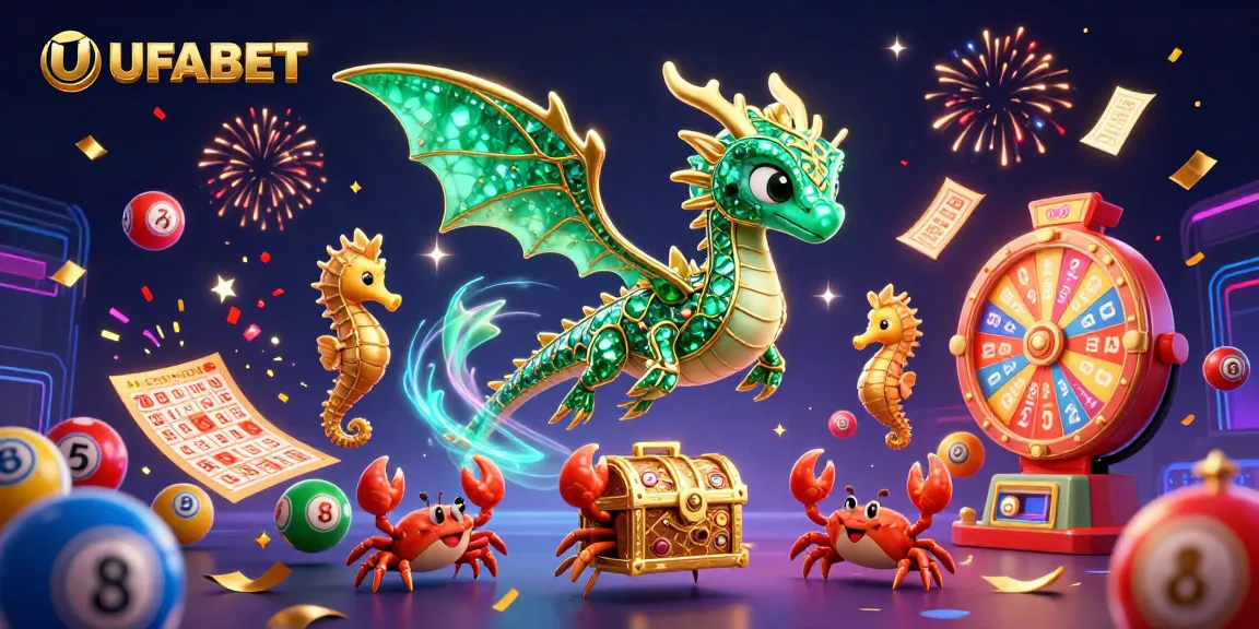 Experience vibrant lottery excitement with UFABET's dynamic 3D casino scene featuring colorful elements.
