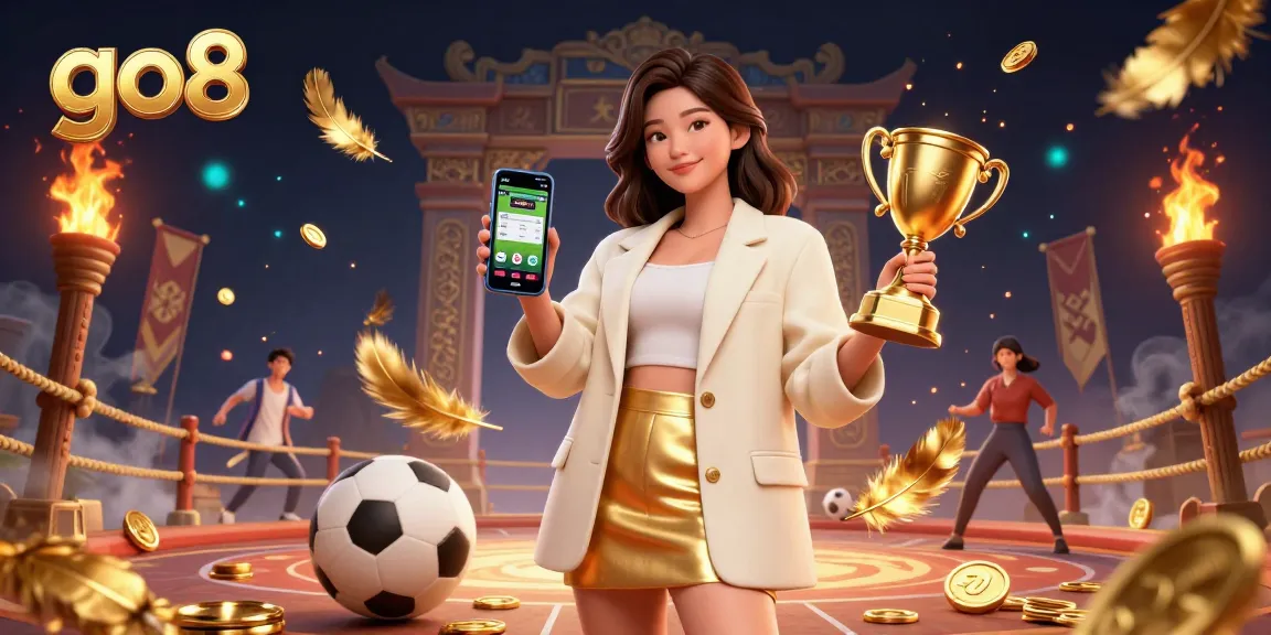 Engage with go8 sports betting in a dynamic scene featuring Asian woman with smartphone, trophy, and vibrant game elements.
