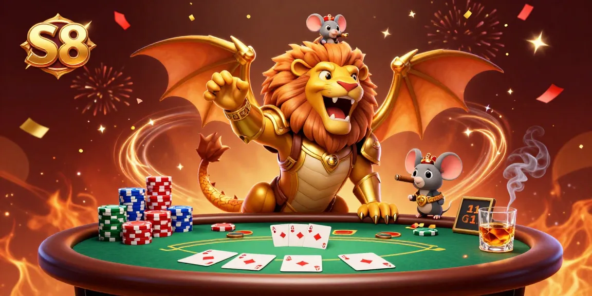 S8 immerses players in a vibrant casino scene with winning poker action and celebratory elements.