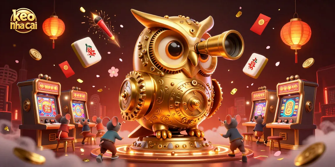 Engage with keo nha cai in this vibrant 3D casino scene with golden owl and playful mice