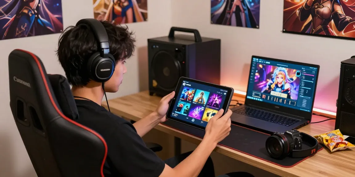 Engaging player enjoying free mobile hentai games on a tablet in a cozy gaming nook.