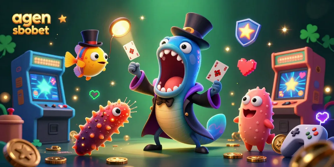 Engage with agen sbobet through a lively 3D illustration showcasing casino-themed characters and vibrant game elements.