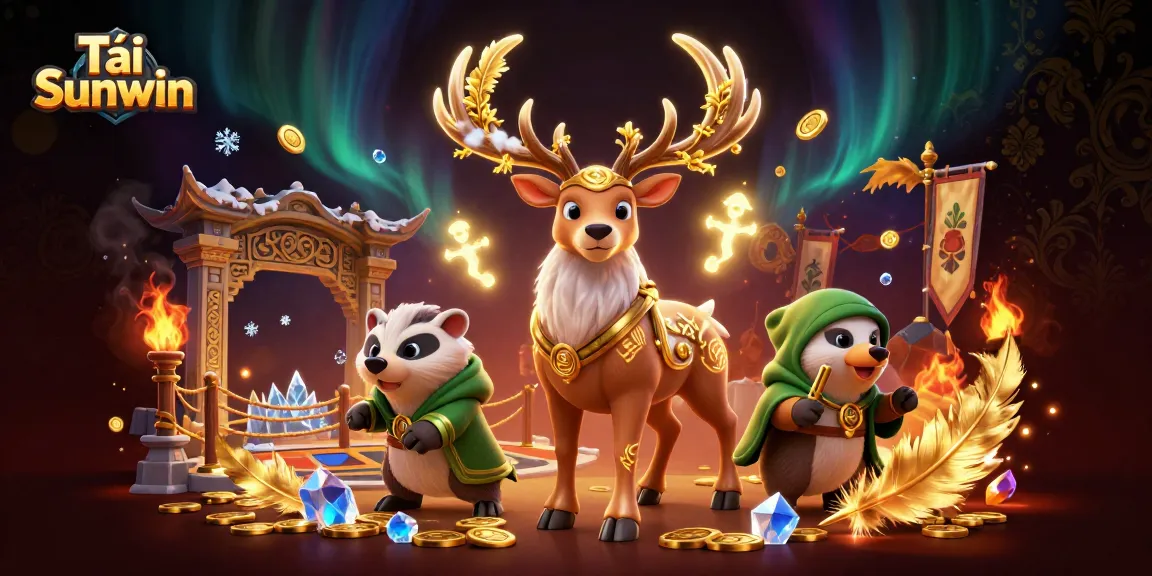 Tải Sunwin with a Celtic druid stag and wise badger in a vibrant online gambling scene