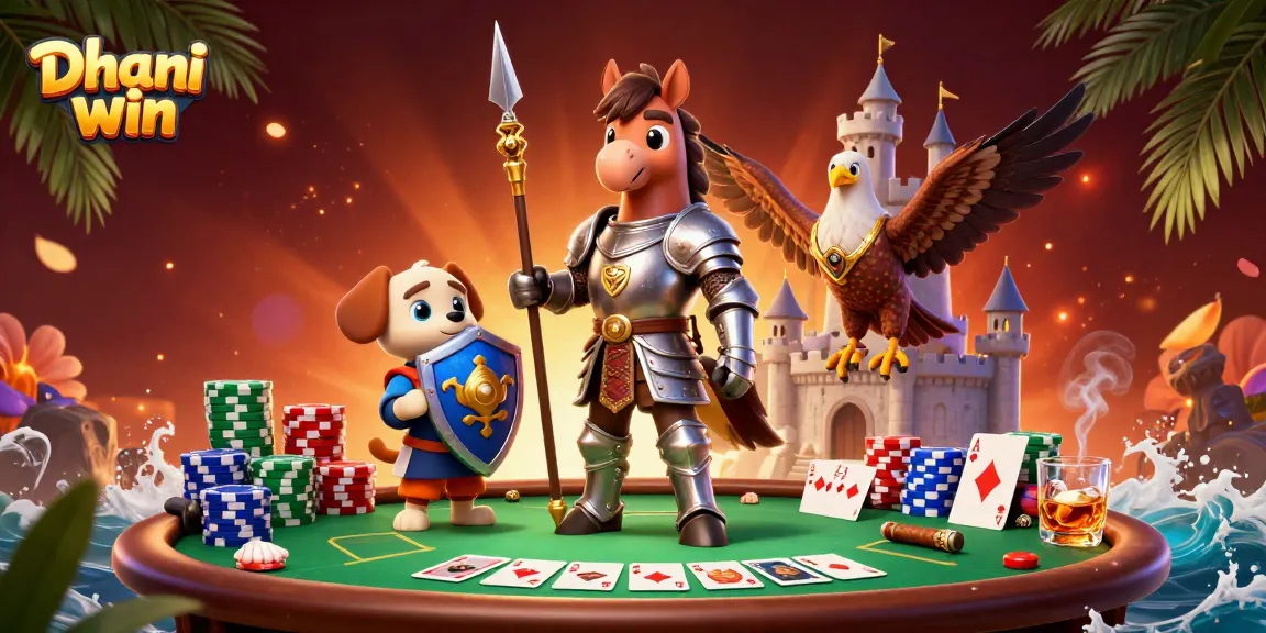Dhani win features cartoon characters enjoying intense poker action with chips and cards