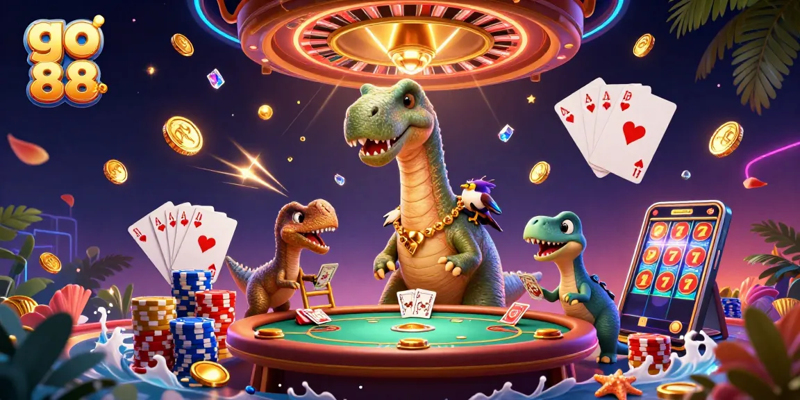 Engage with go 88's vibrant casino scene featuring a playful brontosaurus and raptor dealer.