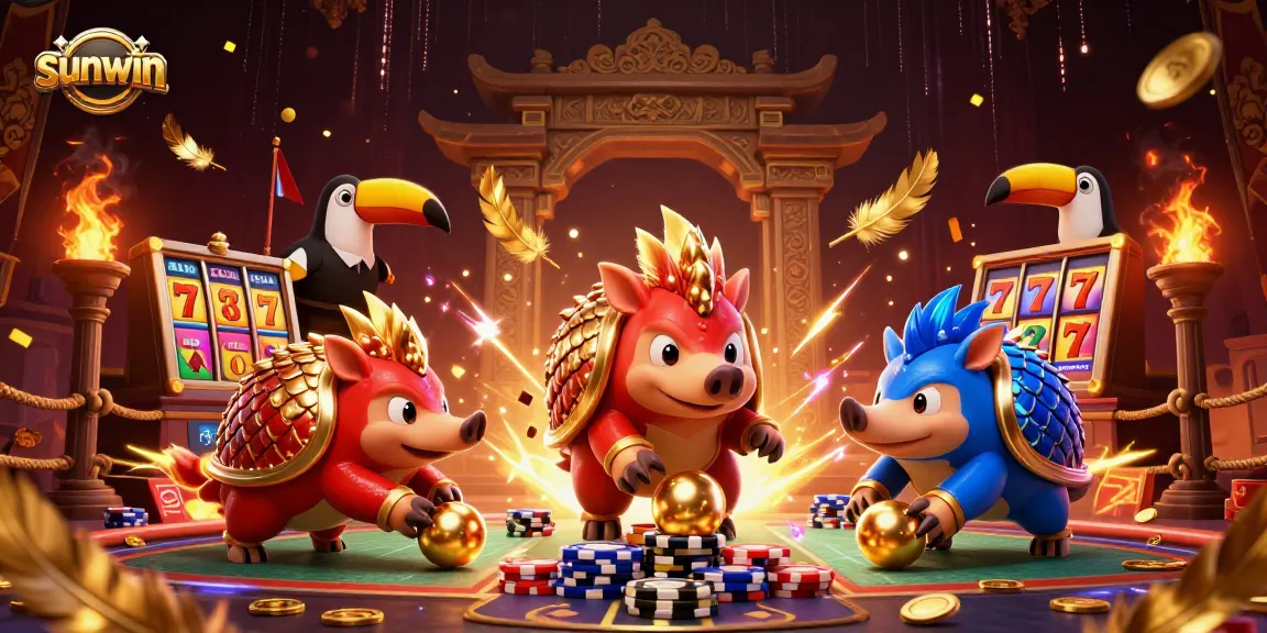 Experience thrilling gameplay with sunwin as pangolins roll into golden balls among poker chips.